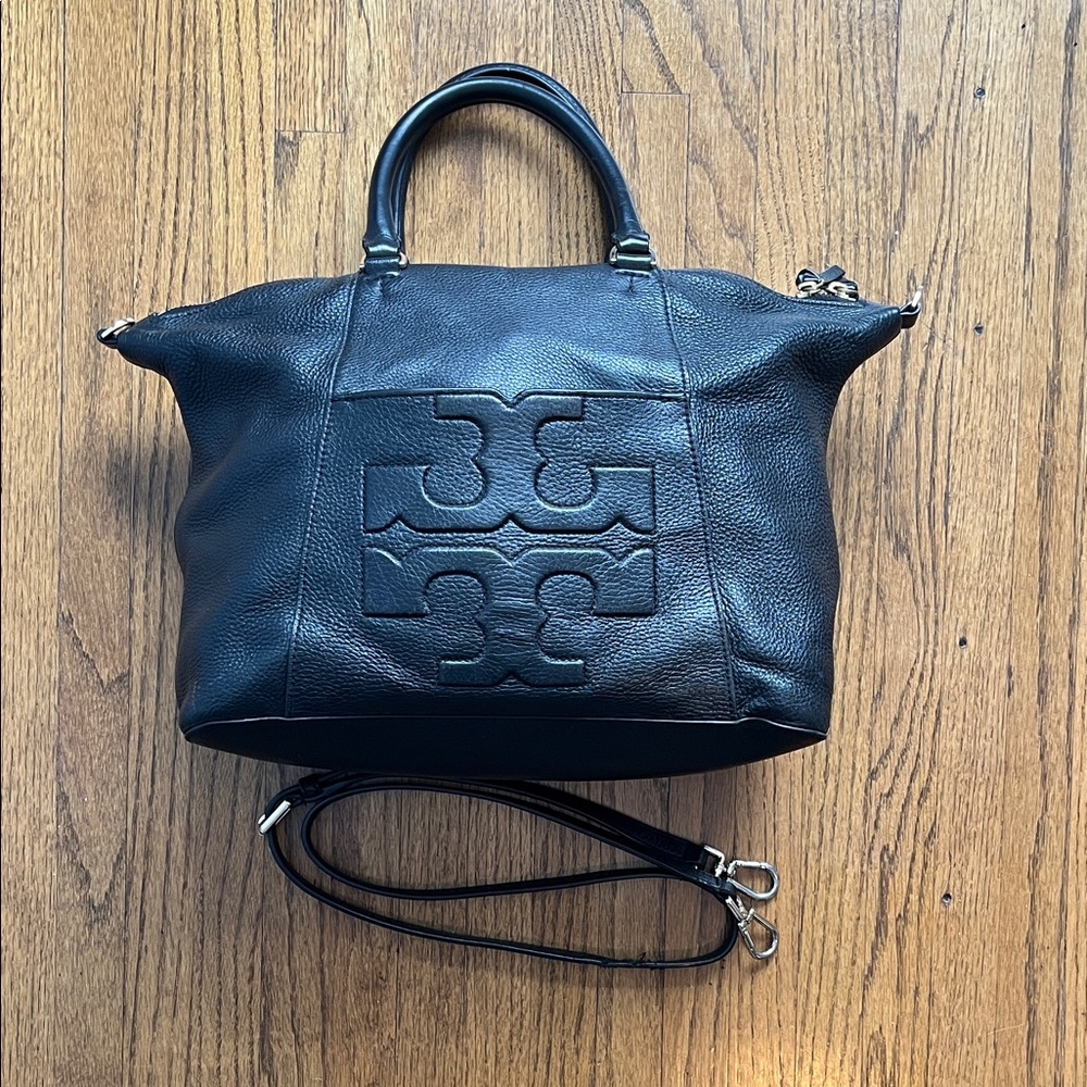 Tory Burch Bombe T Black Leather Double Handle Satchel - Picture 1 of 11